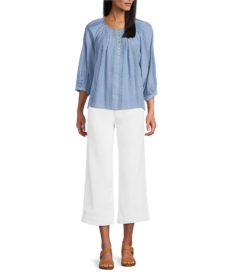 Figueroa & Flower Scoop Neck 3/4 Sleeve Lace Denim Blouse