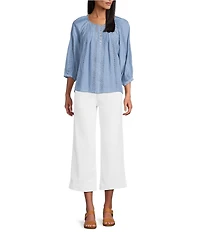 Figueroa & Flower Scoop Neck 3/4 Sleeve Lace Denim Blouse