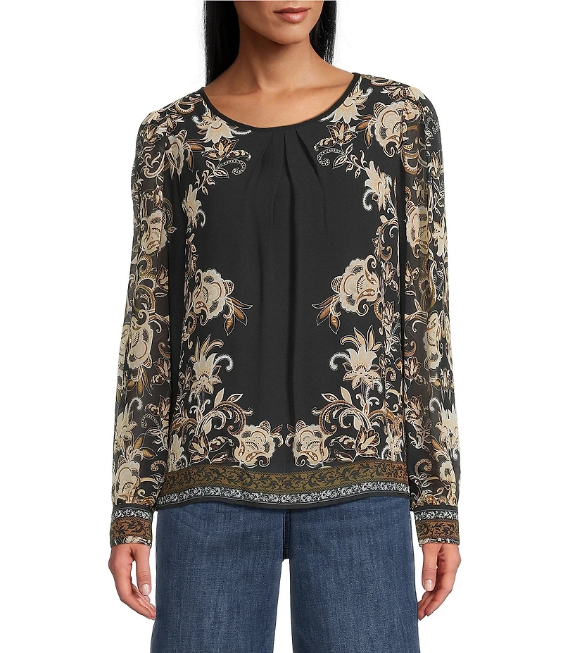 Figueroa & Flower Silky Pebble Chiffon Embroidered Crew Neck Long Sleeve Pleated Blouse