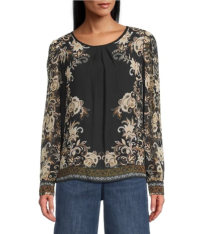 Figueroa & Flower Silky Pebble Chiffon Embroidered Crew Neck Long Sleeve Pleated Blouse