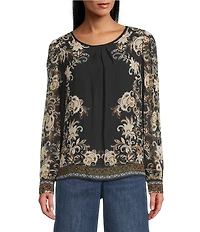 Figueroa & Flower Silky Pebble Chiffon Embroidered Crew Neck Long Sleeve Pleated Blouse