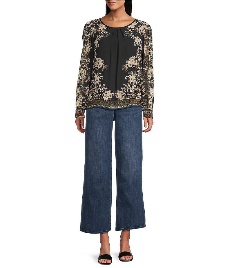 Figueroa & Flower Silky Pebble Chiffon Embroidered Crew Neck Long Sleeve Pleated Blouse