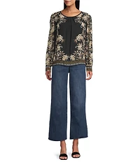 Figueroa & Flower Silky Pebble Chiffon Embroidered Crew Neck Long Sleeve Pleated Blouse