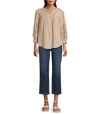Figueroa & Flower Solid Woven Split V-Neck 3/4 Applique Sleeve Peasant Blouse