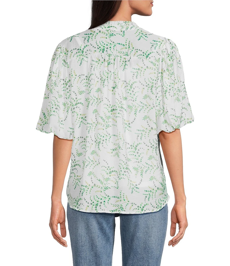 Figueroa & Flower Woven Printed Mandarin Collar Short Puff Sleeve Button Front Blouse