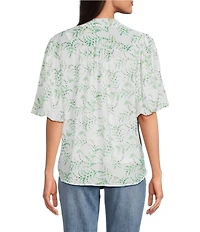 Figueroa & Flower Woven Printed Mandarin Collar Short Puff Sleeve Button Front Blouse