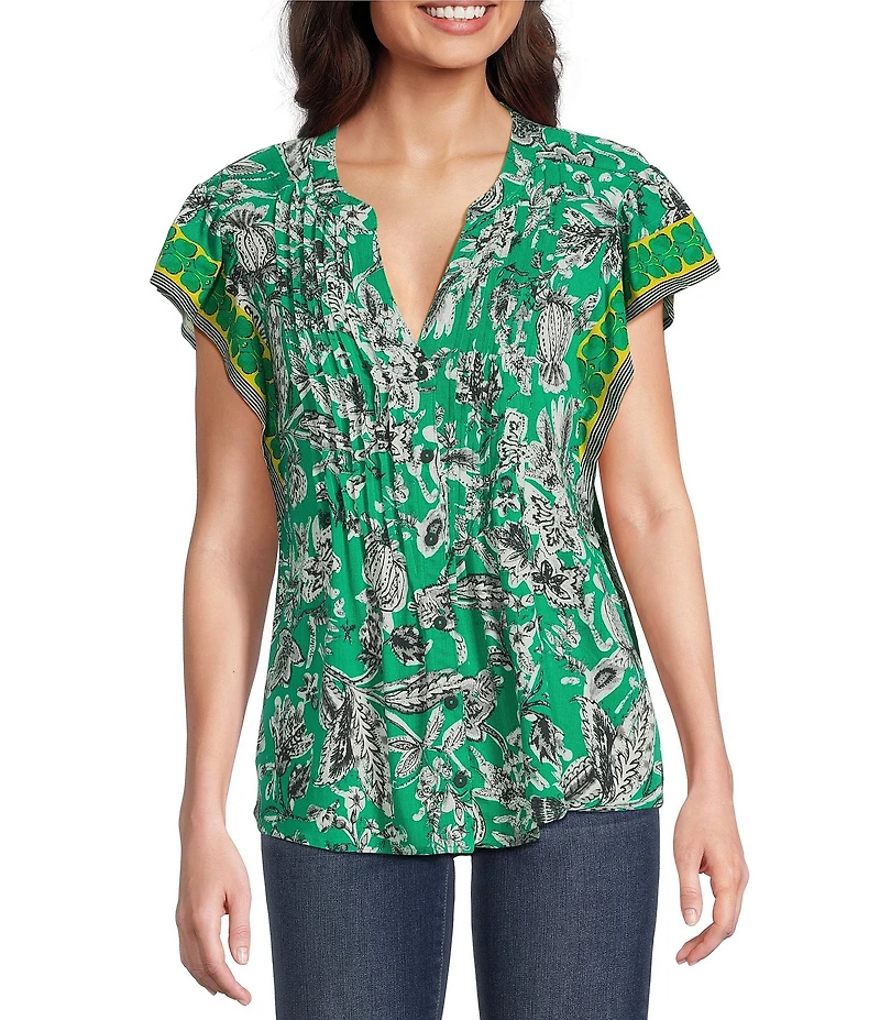Figueroa & Flower Woven Printed Mandarin Collar Short Ruffle Sleeve Button Front Blouse