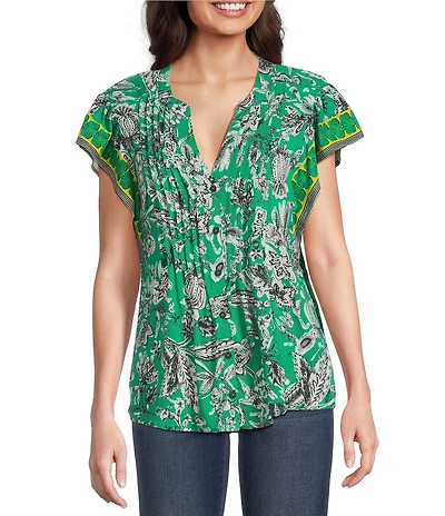 Figueroa & Flower Woven Printed Mandarin Collar Short Ruffle Sleeve Button Front Blouse
