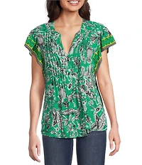 Figueroa & Flower Woven Printed Mandarin Collar Short Ruffle Sleeve Button Front Blouse