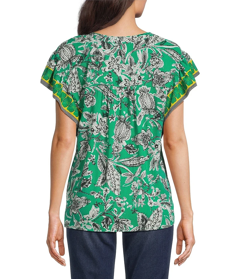 Figueroa & Flower Woven Printed Mandarin Collar Short Ruffle Sleeve Button Front Blouse