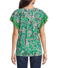 Figueroa & Flower Woven Printed Mandarin Collar Short Ruffle Sleeve Button Front Blouse