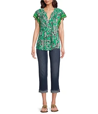 Figueroa & Flower Woven Printed Mandarin Collar Short Ruffle Sleeve Button Front Blouse