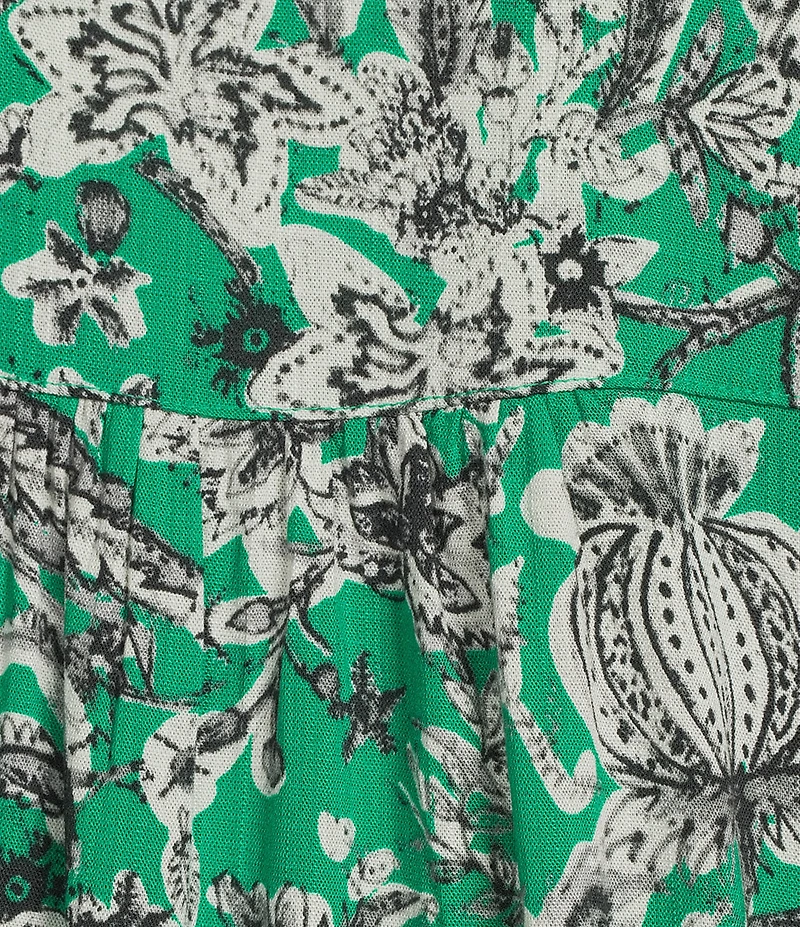 Figueroa & Flower Woven Printed Mandarin Collar Short Ruffle Sleeve Button Front Blouse