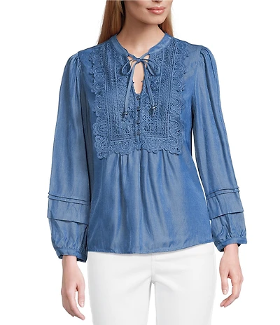 Figueroa & Flower Woven Split V-Neck Long Sleeve Lace Front Tie Top
