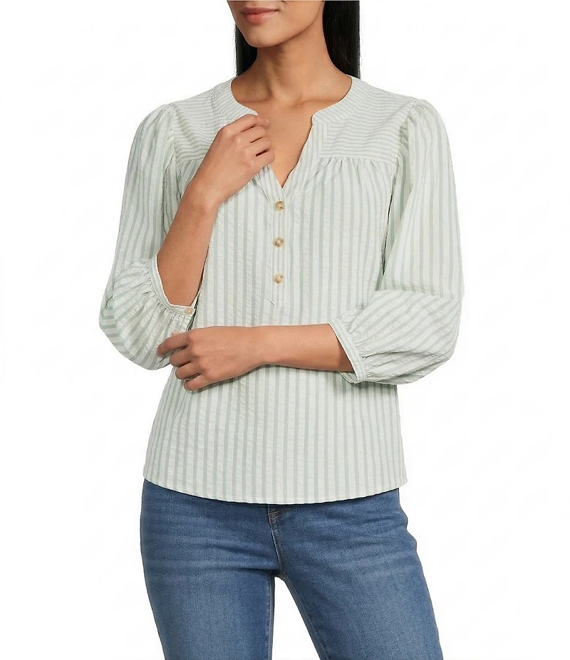 Figueroa & Flower Yarn-Dyed Stripe Mandarin Collar 3/4 Sleeve Button-Front Blouse