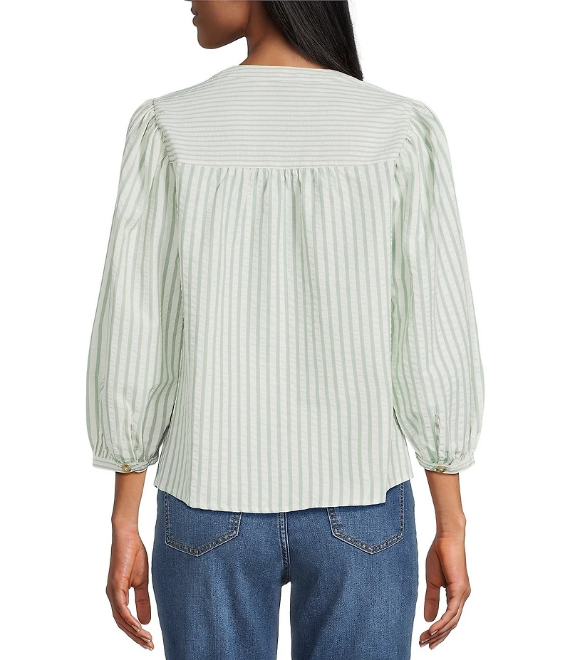 Figueroa & Flower Yarn-Dyed Stripe Mandarin Collar 3/4 Sleeve Button-Front Blouse