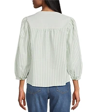 Figueroa & Flower Yarn-Dyed Stripe Mandarin Collar 3/4 Sleeve Button-Front Blouse