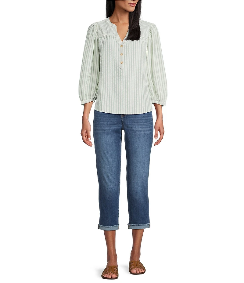 Figueroa & Flower Yarn-Dyed Stripe Mandarin Collar 3/4 Sleeve Button-Front Blouse