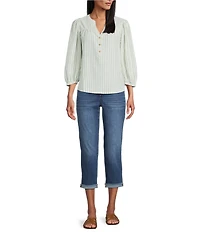 Figueroa & Flower Yarn-Dyed Stripe Mandarin Collar 3/4 Sleeve Button-Front Blouse