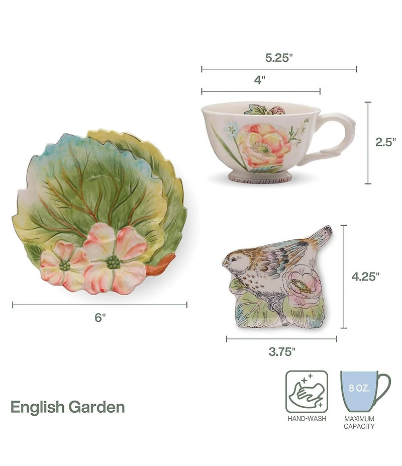 Fitz and Floyd English Garden Collection Teacup and Saucer with Tea Rest, Set of 2