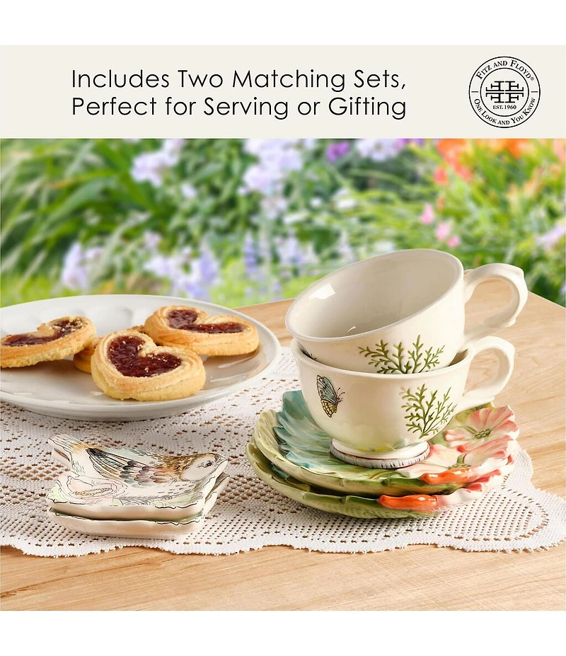 Fitz and Floyd English Garden Collection Teacup and Saucer with Tea Rest, Set of 2