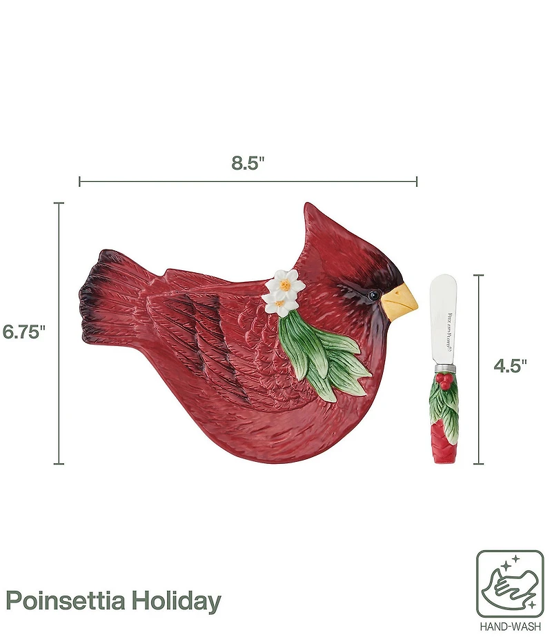 Fitz and Floyd Poinsettia Holiday Collection Cardinal Snack Plate Spreader Set