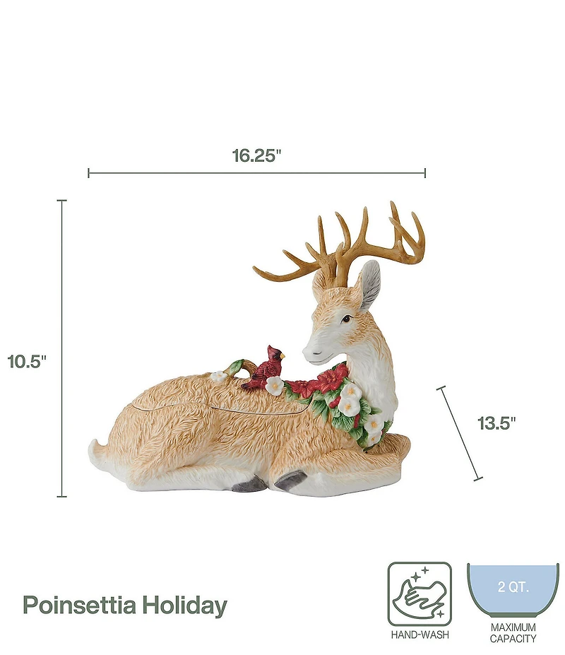 Fitz and Floyd Poinsettia Holiday Collection Deer Cookie Jar