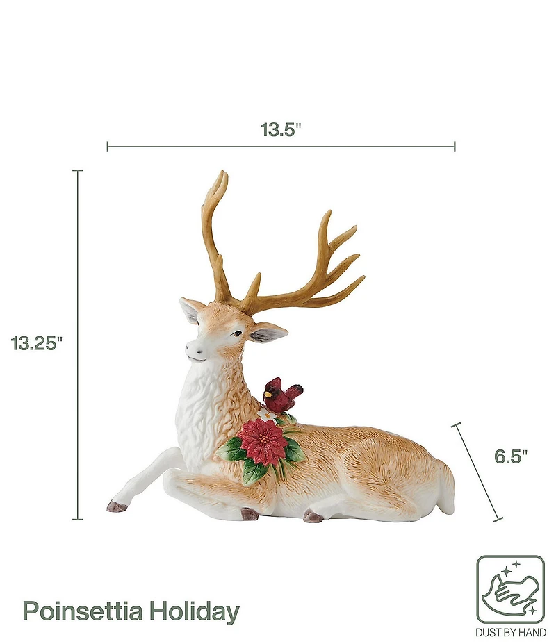 Fitz and Floyd Poinsettia Holiday Collection Resting Deer Figurine