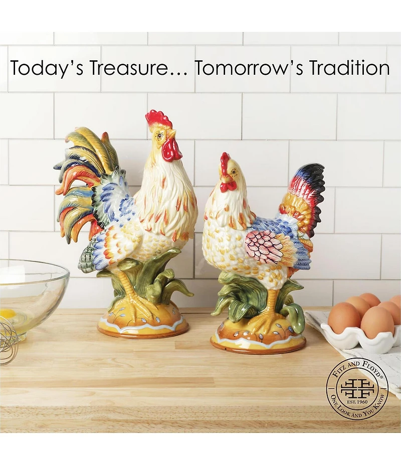 Fitz and Floyd Ricamo Collection Rooster and Hen Figurines, Set of 2