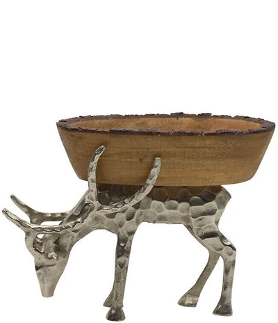 Fitz and Floyd Woodgrove Collection Metal Stag Centerpiece Mango Wood Bowl