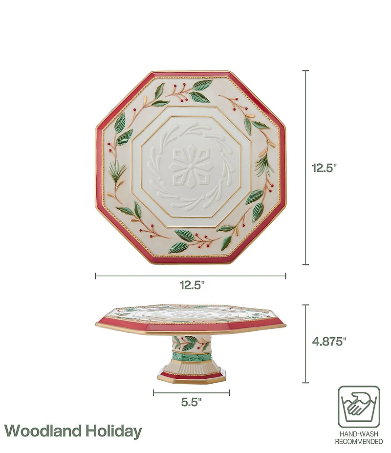Fitz and Floyd Woodland Holiday Collection Holly & Berries Snowflake Embossed Cake Stand