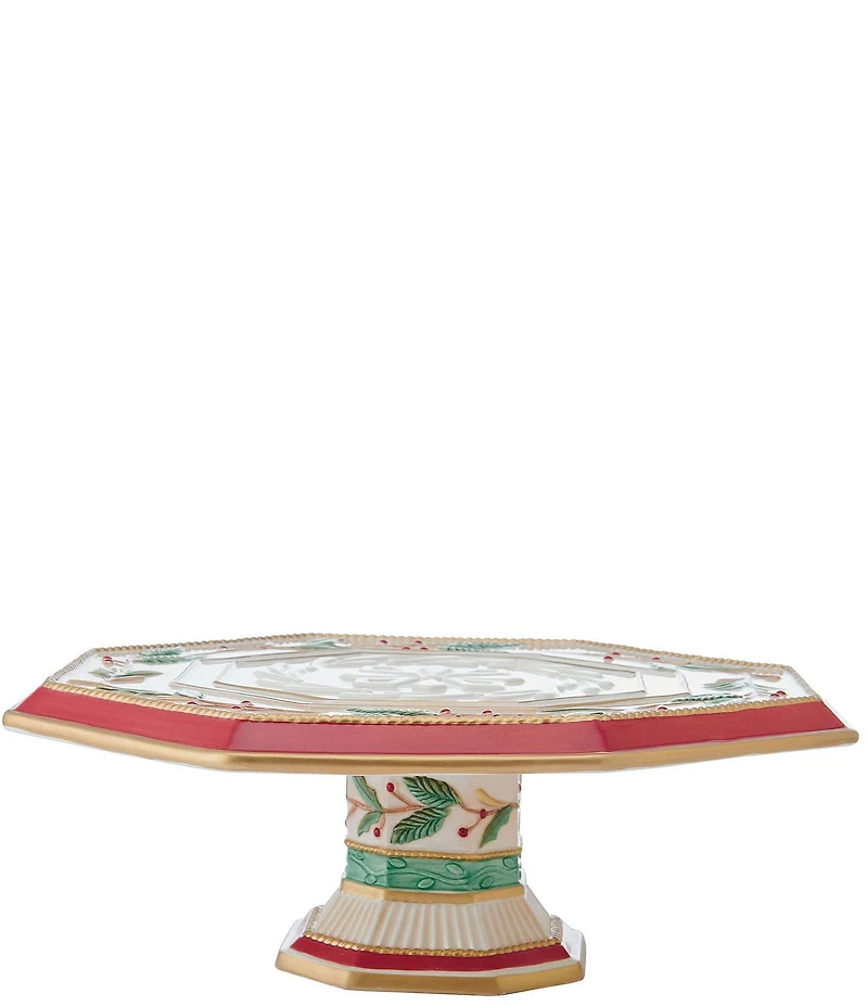 Fitz and Floyd Woodland Holiday Collection Holly & Berries Snowflake Embossed Cake Stand