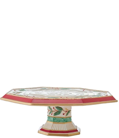 Fitz and Floyd Woodland Holiday Collection Holly & Berries Snowflake Embossed Cake Stand