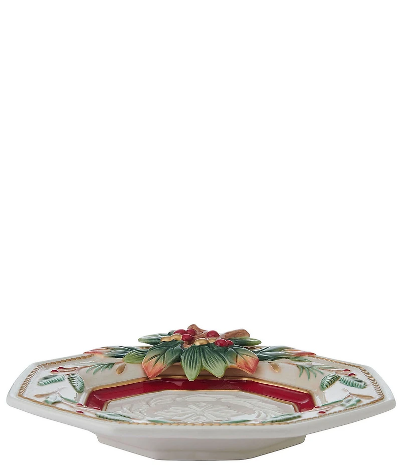 Fitz and Floyd Woodland Holiday Collection Holly & Berry Snowflake Embossed Canape Plate