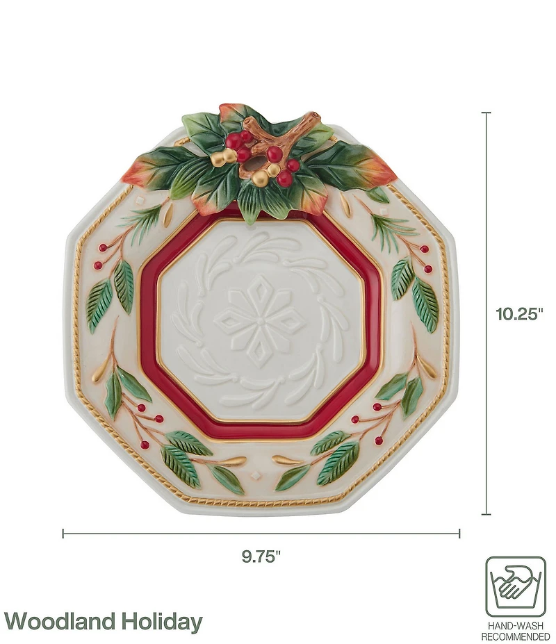 Fitz and Floyd Woodland Holiday Collection Holly & Berry Snowflake Embossed Canape Plate