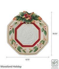 Fitz and Floyd Woodland Holiday Collection Holly & Berry Snowflake Embossed Canape Plate