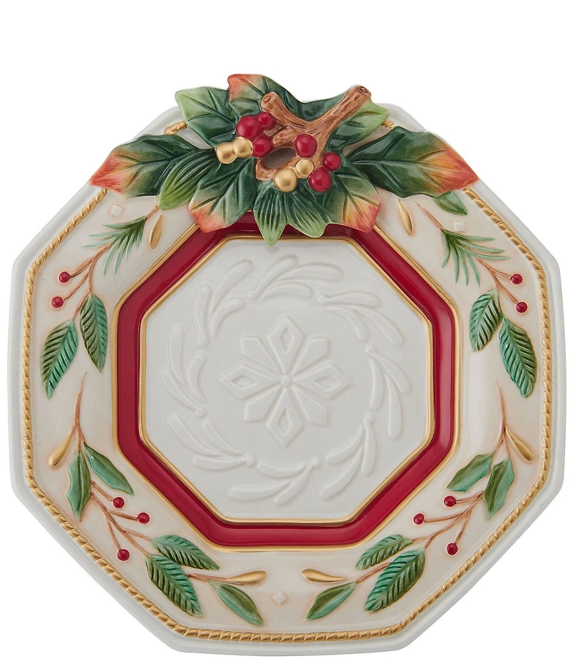 Fitz and Floyd Woodland Holiday Collection Holly & Berry Snowflake Embossed Canape Plate