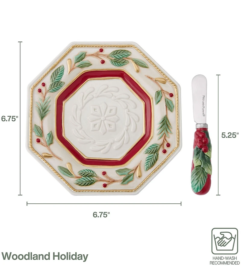 Fitz and Floyd Woodland Holiday Collection Snack Plate with Spreader