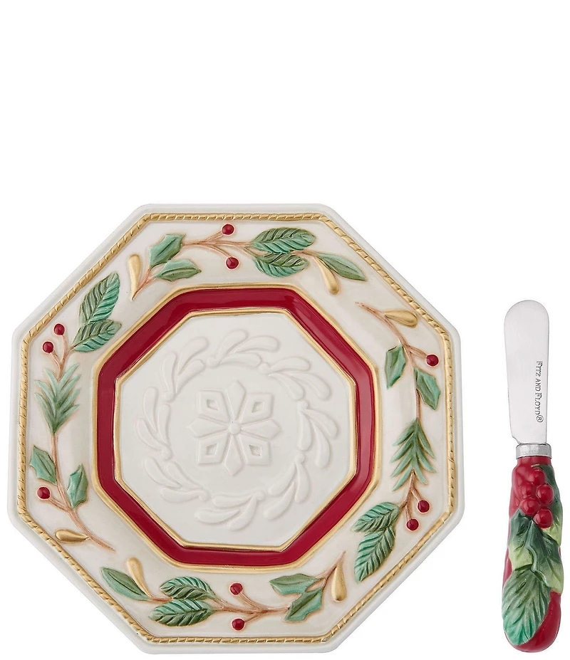 Fitz and Floyd Woodland Holiday Collection Snack Plate with Spreader