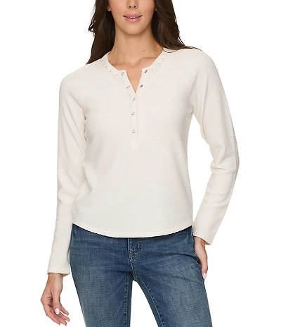 Flag and Anthem Cambria Henley Neck Long Sleeve Waffle Knit Top