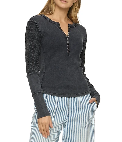 Flag and Anthem Hattieville Mixed Media Long Sleeve Cable Knit Henley T-Shirt