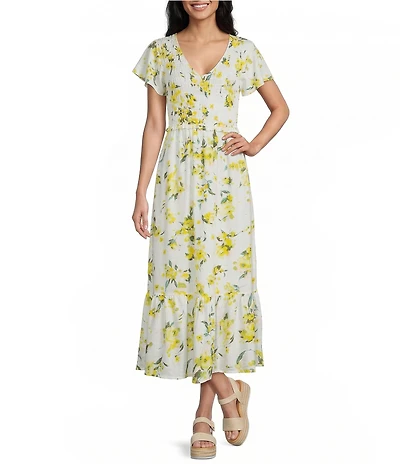 Flag and Anthem Lucy Floral V-Neck Short Sleeve Smocked High Waist Midi Dress