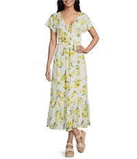 Flag and Anthem Lucy Floral V-Neck Short Sleeve Smocked High Waist Midi Dress