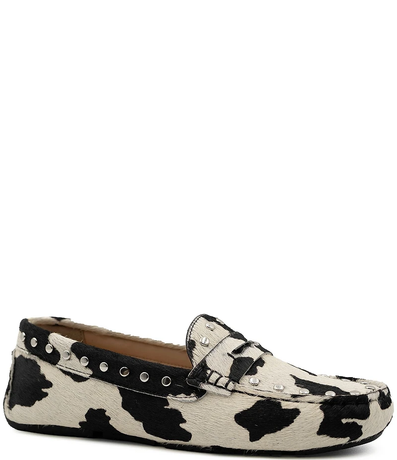 Flag LTD. Women's Morgan Cow Print Hair Calf Studded Penny Loafers