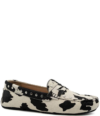 Flag LTD. Women's Morgan Cow Print Hair Calf Studded Penny Loafers