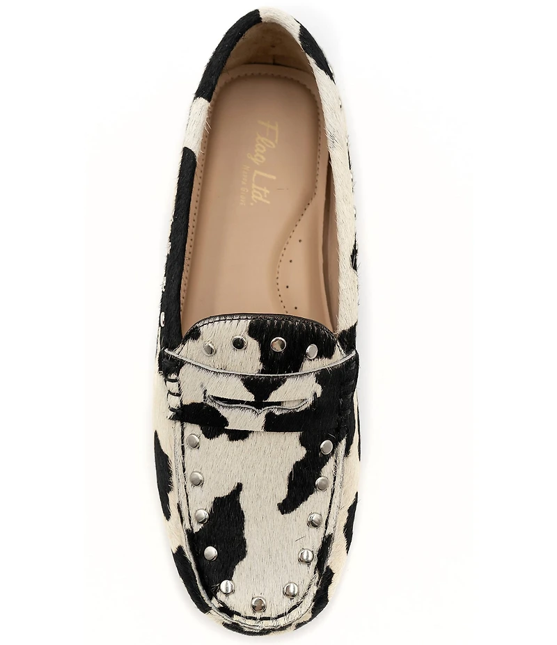 Flag LTD. Women's Morgan Cow Print Hair Calf Studded Penny Loafers