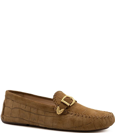 Flag LTD. Women's Morgan Crocodile Embossed Suede Penny Loafers
