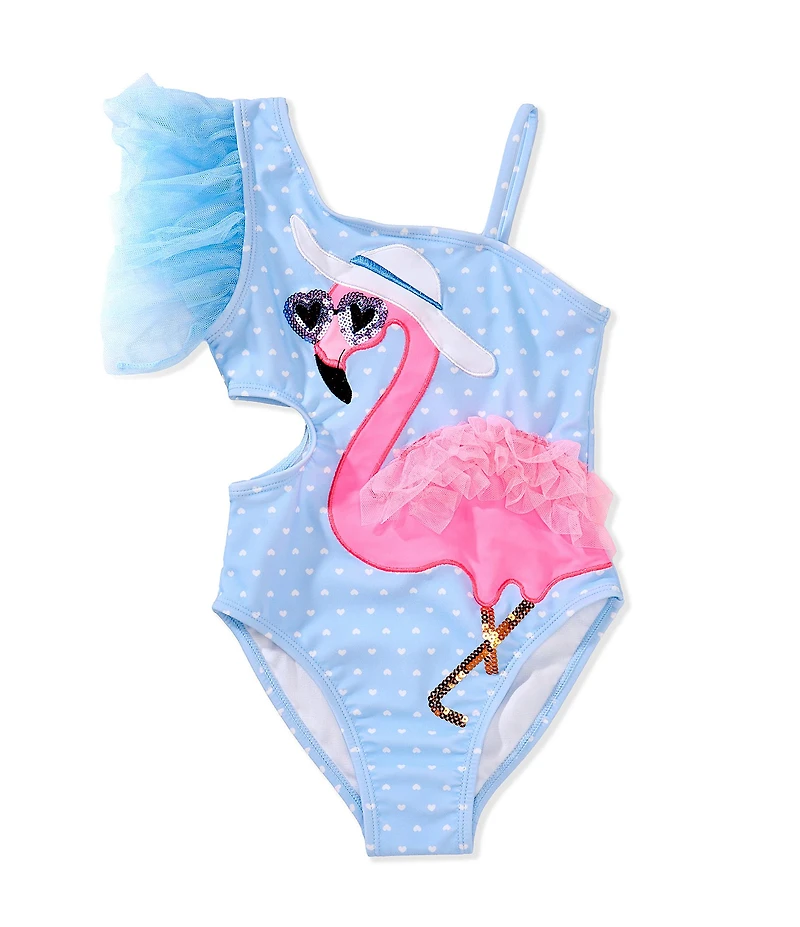 Flapdoodles Little Girls One-Shoulder Ruffle Flamingo Applique One-Piece Swimsuit