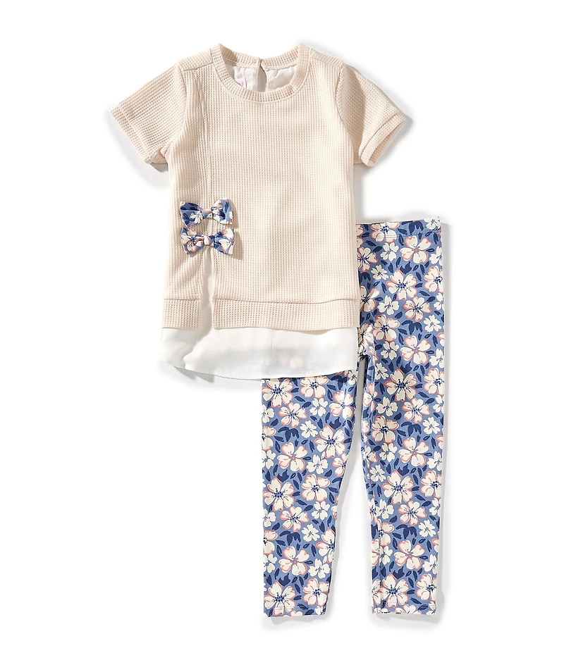 Flapdoodles Little Girls Short Sleeve Bow-Detailed Textured-Knit Tunic Top & Printed Knit Leggings Set