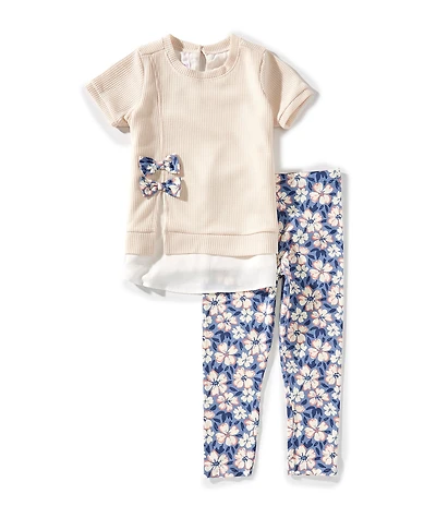 Flapdoodles Little Girls Short Sleeve Bow-Detailed Textured-Knit Tunic Top & Printed Knit Leggings Set